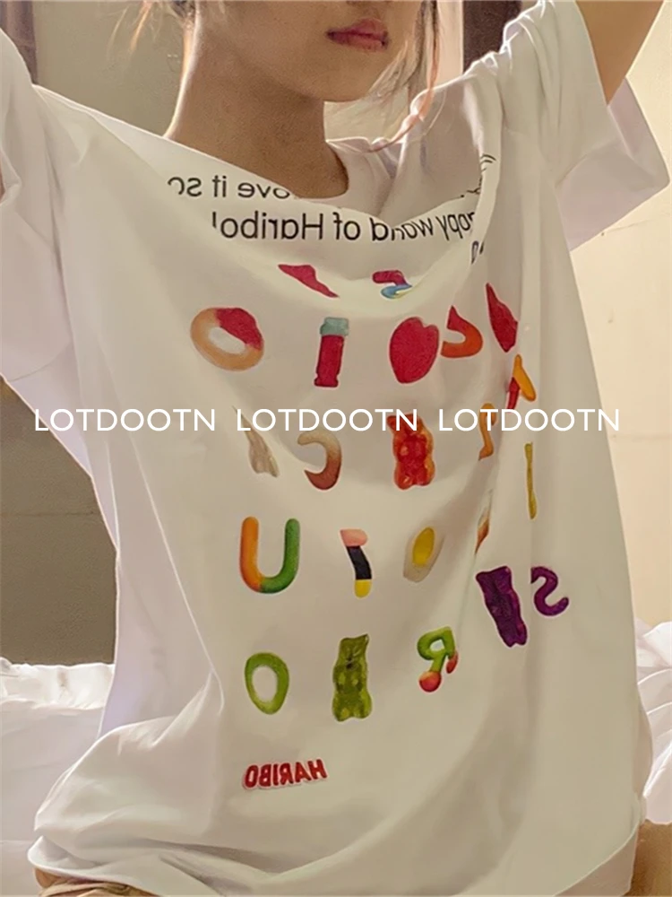 

LOTDOOTN Y2K Aesthetic Fudge Print T-shirt Women Harajuku Japanese Cute Casual 100% Cotton Tees Ins Streetwear Loose Tops E-girl