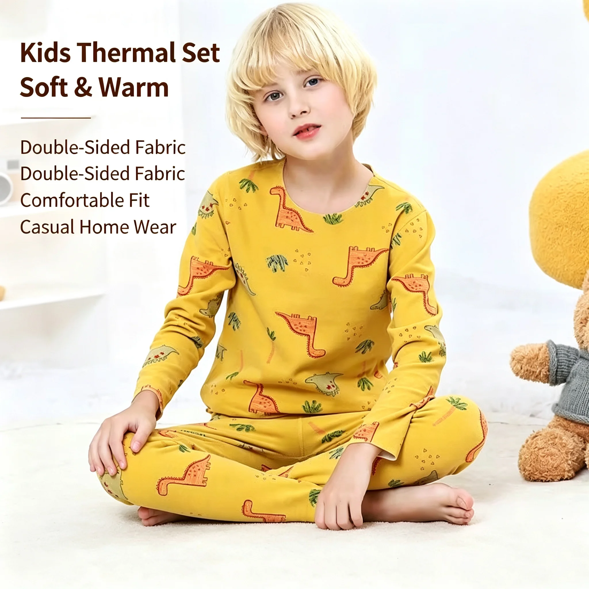 For 3-14 Years Kids Thermal Underwear Printed Center Collar Set Double-Sided Fleece Top Pants Boys Girls Autumn Winter Homewear