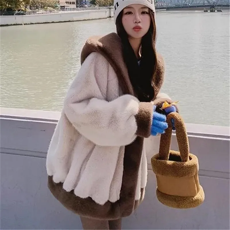 2023 Winter Fur Coat Women Leopard Print Mink Fur Plush Jacket Women Long Hooded Korean Loose Thick Warm Female Parker Jacket