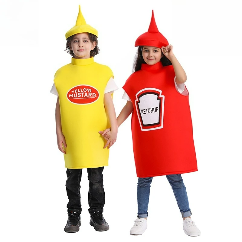 

Halloween Boys Girls Funny Ketchup Mustard Cosplay Costume Red Yellow Robe with Hat Suit Stage Performance Roleplay Clothing