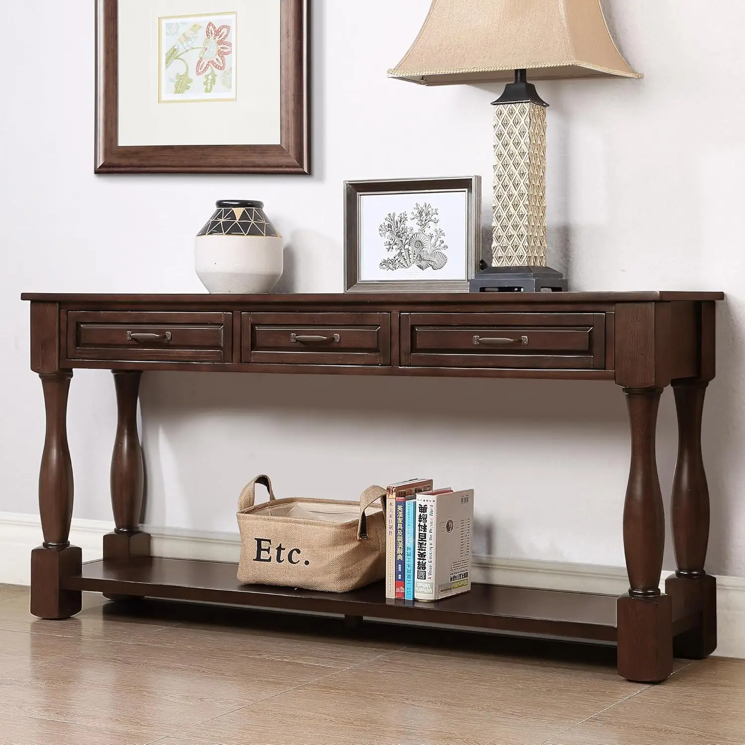 Console Table For Entryway, Antique Style Wood Sofa Table With Storage Drawers And Bottom Shelf For Hallway Living Room (Light