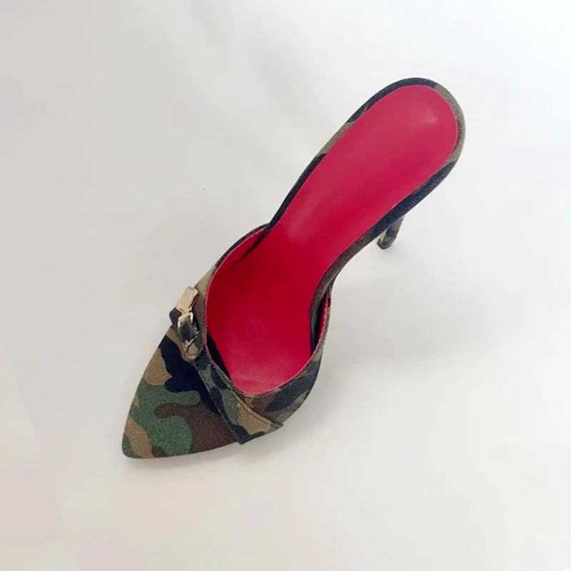 

Camouflage Women Peep Toe Sandals Slim Stiletto Dress Shoes Metal Decor Thin High Heels Slip On Diamonds Mules Denim Slides