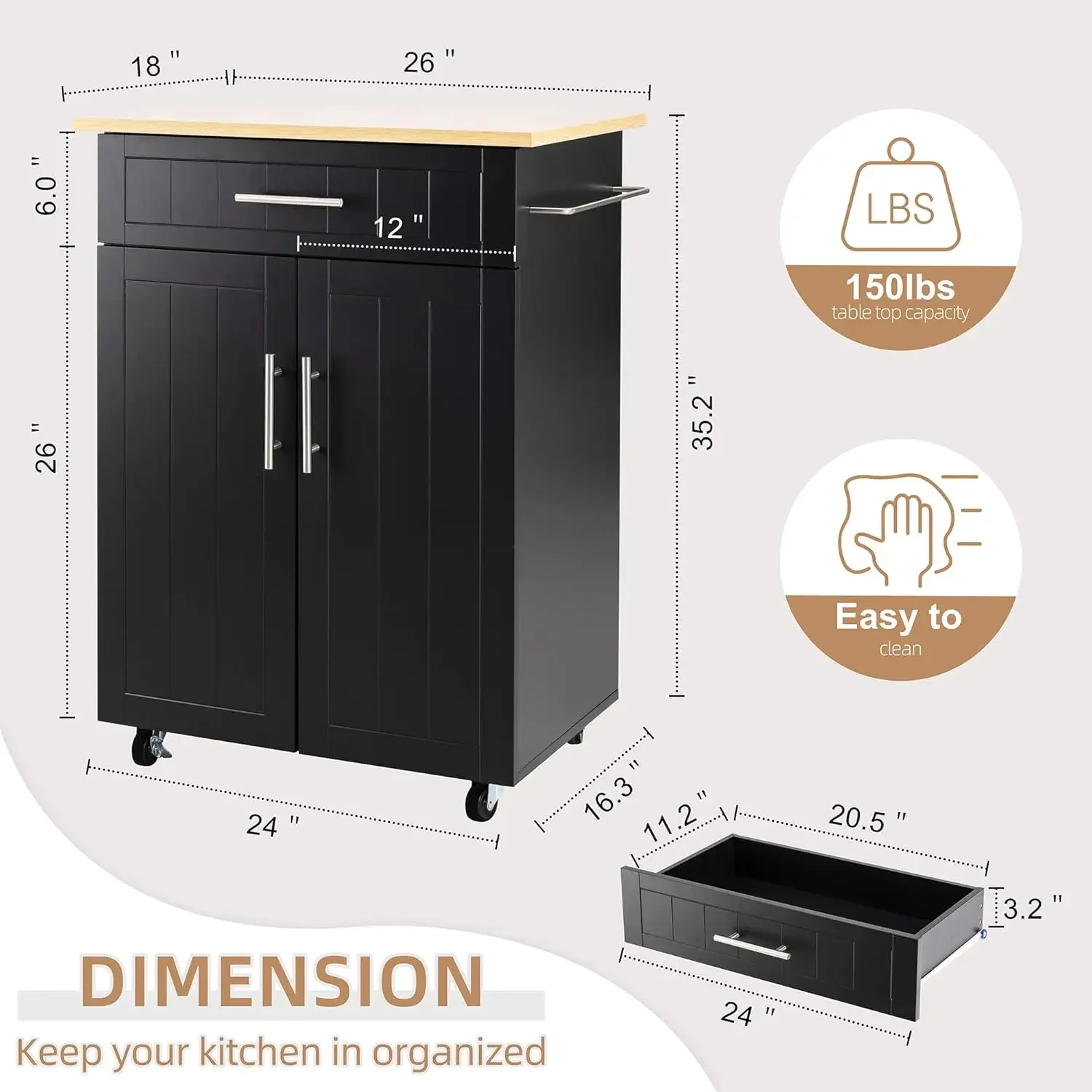 Shintenchi-chariot îlot de cuisine avec rangement, table d'appoint îlot de cuisine à roulettes avec plan de travail, armoire de rangement à porte unique