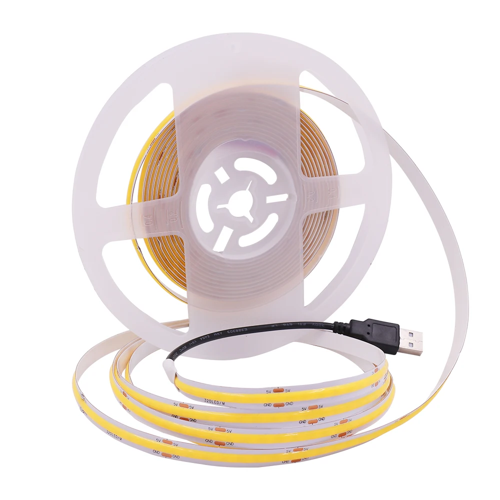 DC5V USB Powered COB LED Strip Light 320Leds/m High Density Non-waterproof FOB Linear Lights Ribbon RA90 Flexible Tape Rope Lamp
