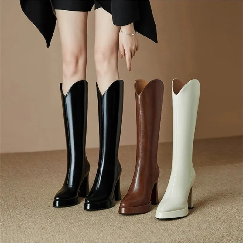 Temperament Blockabsatz Reißverschluss hinten rutschfeste verschleißfeste hohe Stiefel Mode spitze Zehen Plattform Einzelstiefel