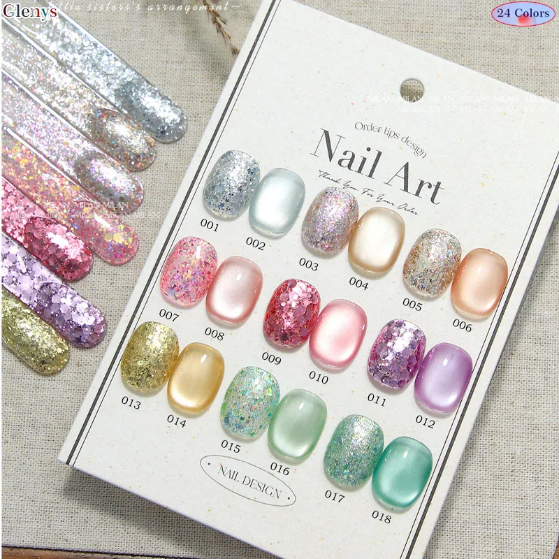 Glenys-pegamento para esmalte de uñas, 24 colores, gel de inmersión semipermanente, tarjeta a juego de colores, UV LED, kit de aprendizaje de barniz para decoración de uñas, venta al por mayor
