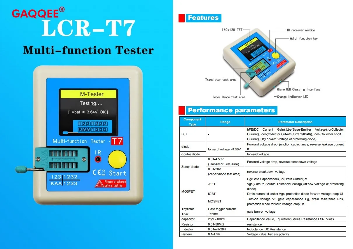 TC-T7-H TCR-T7 LCR-TC1 wysoka precyzja Tester próbnik elektroniczny dioda trioda pojemność ESR MOS/PNP/NPN LCR MOSFET ekran TFT LCD Test