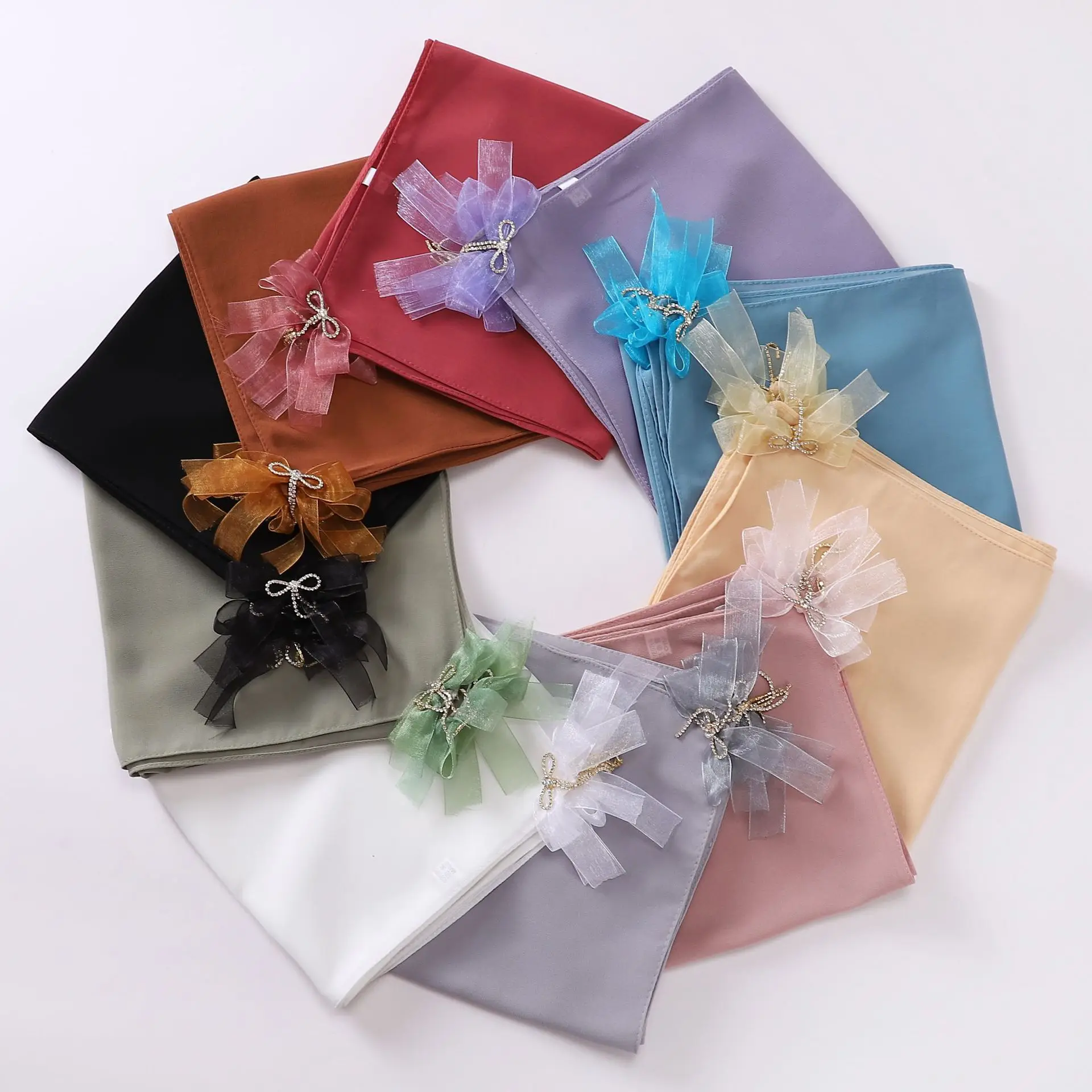 Luxury Diamonds Bow Pearl Chiffon Square Scarf 90*90cm Headscarf Turban Muslim Hijab Women Head Wrap Shawls Kerchief Headband