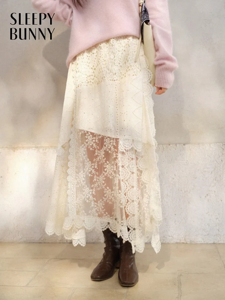 

Elegant Lace Patchwork Midi Skirt High Waist A-Line Long Skirt for Women Vintage Irregular Hem Mesh Skirt Autumn Layered Outfit