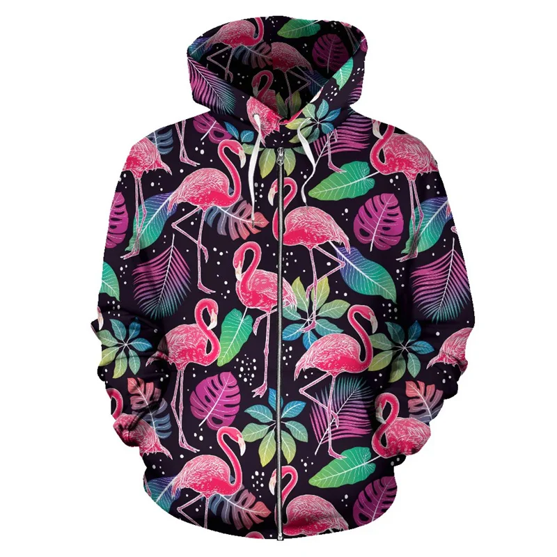 Harajuku Y2k 3D Animal Flamingos Printed Zip Up Hoodies Phoenicopteridae Graphic Zipper Hooded Hoody Women Funny Sweatshirts Top