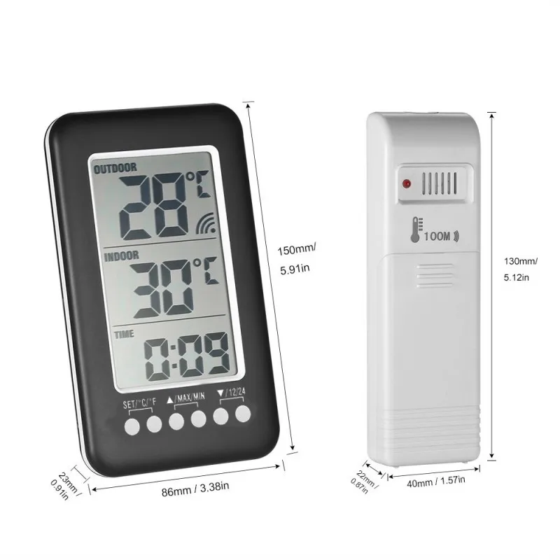 Wireless Thermometer 100m Sensor for Indoor & Outdoor Use with Max Min Memory Function for Household Refrigerator Freezer