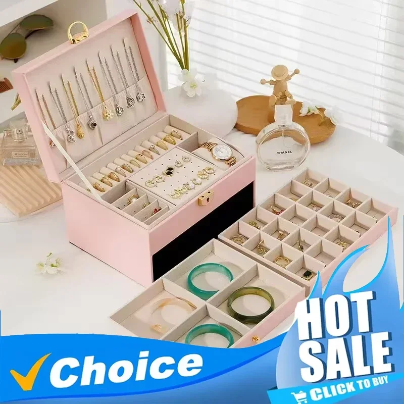 

Трехслойная новая ретро высококачественная шкатулка для драгоценностей из искусственной кожи с ожерельем, крючком, серьгами, кольцом, браслетом, футляр для хранения
