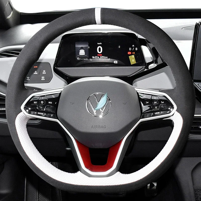 

Для Volkswagen ID3 ID4 Crozz ID6X ID4X сшитый вручную белый натуральная кожа угольно-черный замшевый чехол на руль автомобиля