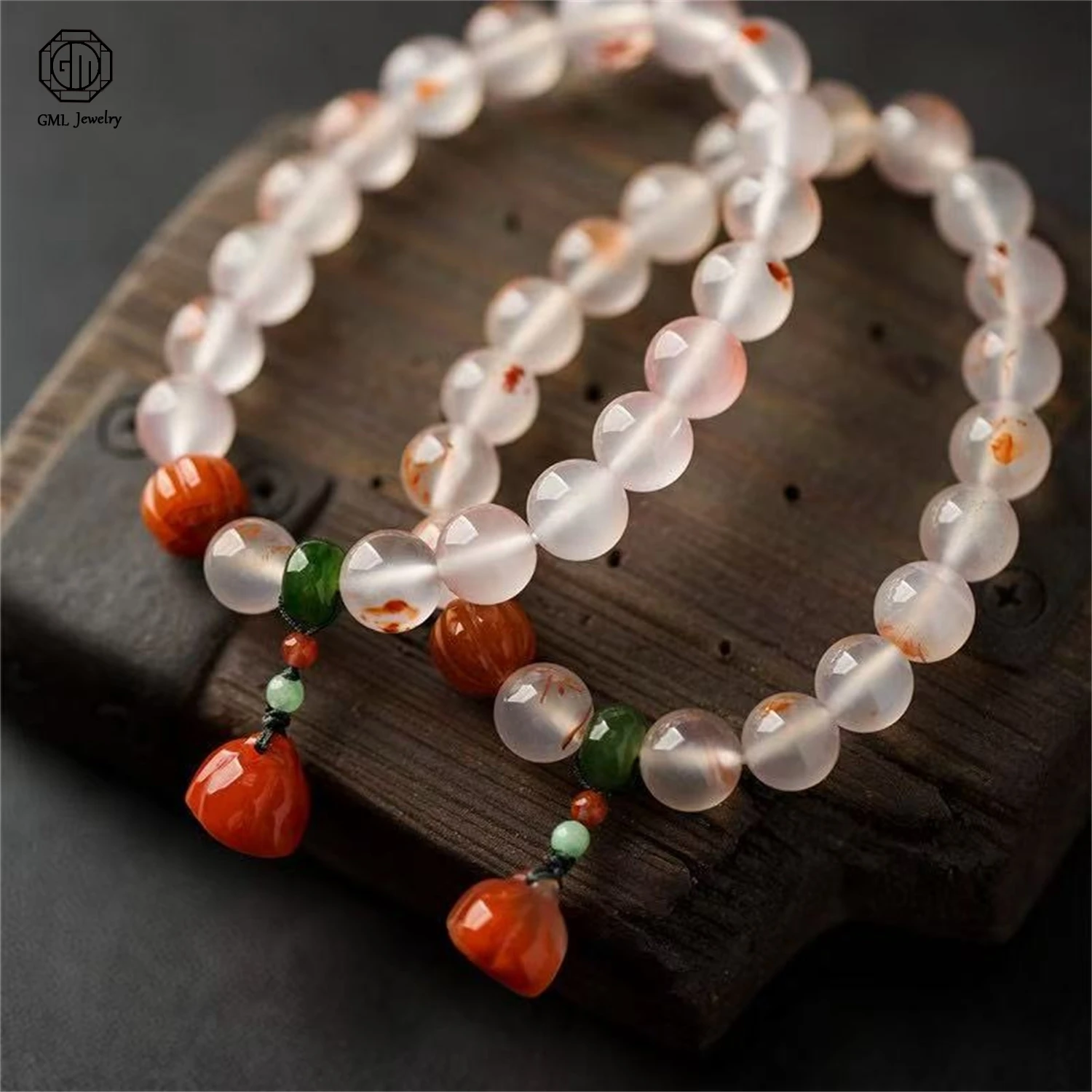 Natural Ice Floating Red Nanhong Litchi Agate Bracelet Green Jade Donut Pumpkin Bead Lotus Pod Women Summer Jewelry Gift