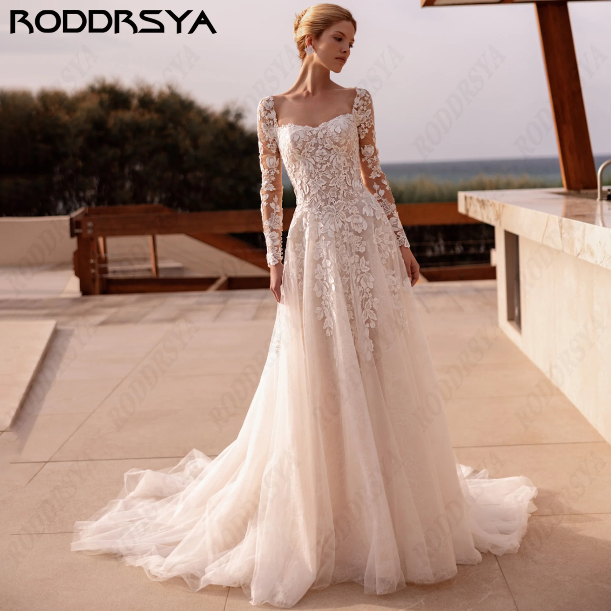 RODDRSYA Square Neck Long Lace Sleeves Wedding Dress Lace Appliques Backless A Line Tulle Bridal Gown For Women Custom Made