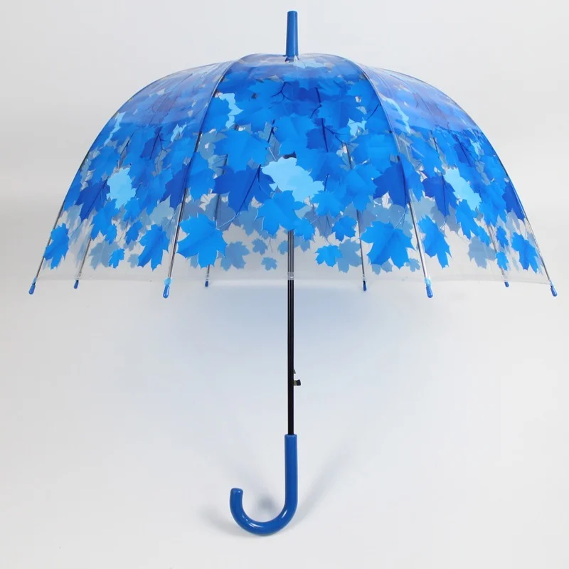 Long Handle Transparent Small Umbrella Clear Baking Paint Summer Green Autumn Maple Leaves Creative Kids Umbrella