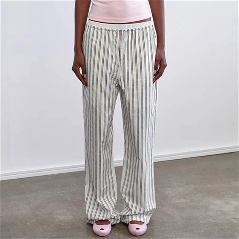 

Women's pants New elastic waist striped straight leg pants for summer 2025 Low waist slim cropped pants Casual Pants trousers