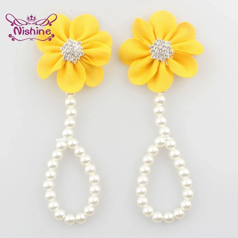 2pcs/lot Infant Girls Pearl Barefoot Sandals Chiffon Flower Shoes Toddler Diy Foot Decoration Baby Newborn Photography Props