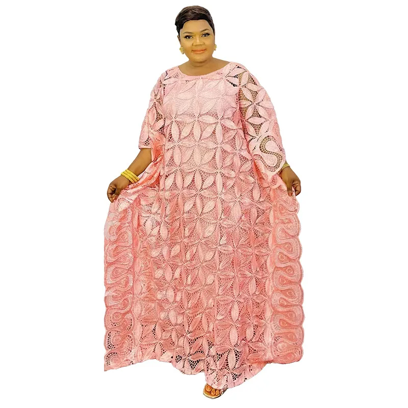 Summer Elegant African Women O-neck Pink Yellow Blue Plus Size Long Dress Lace African Robes Abaya African Dresses for Women