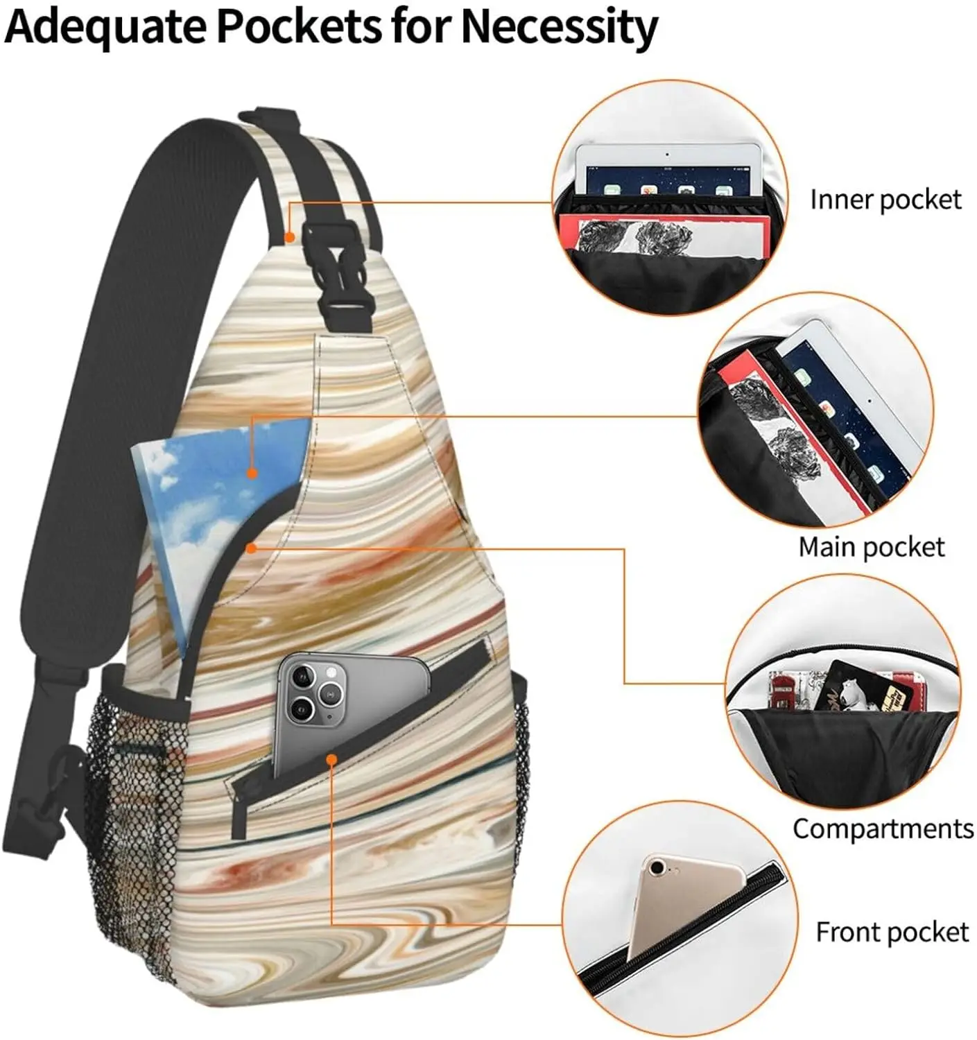 Borsa a tracolla colorata Swirls zaino da viaggio diagonale, viaggio leggero, borsa a tracolla singola da trekking