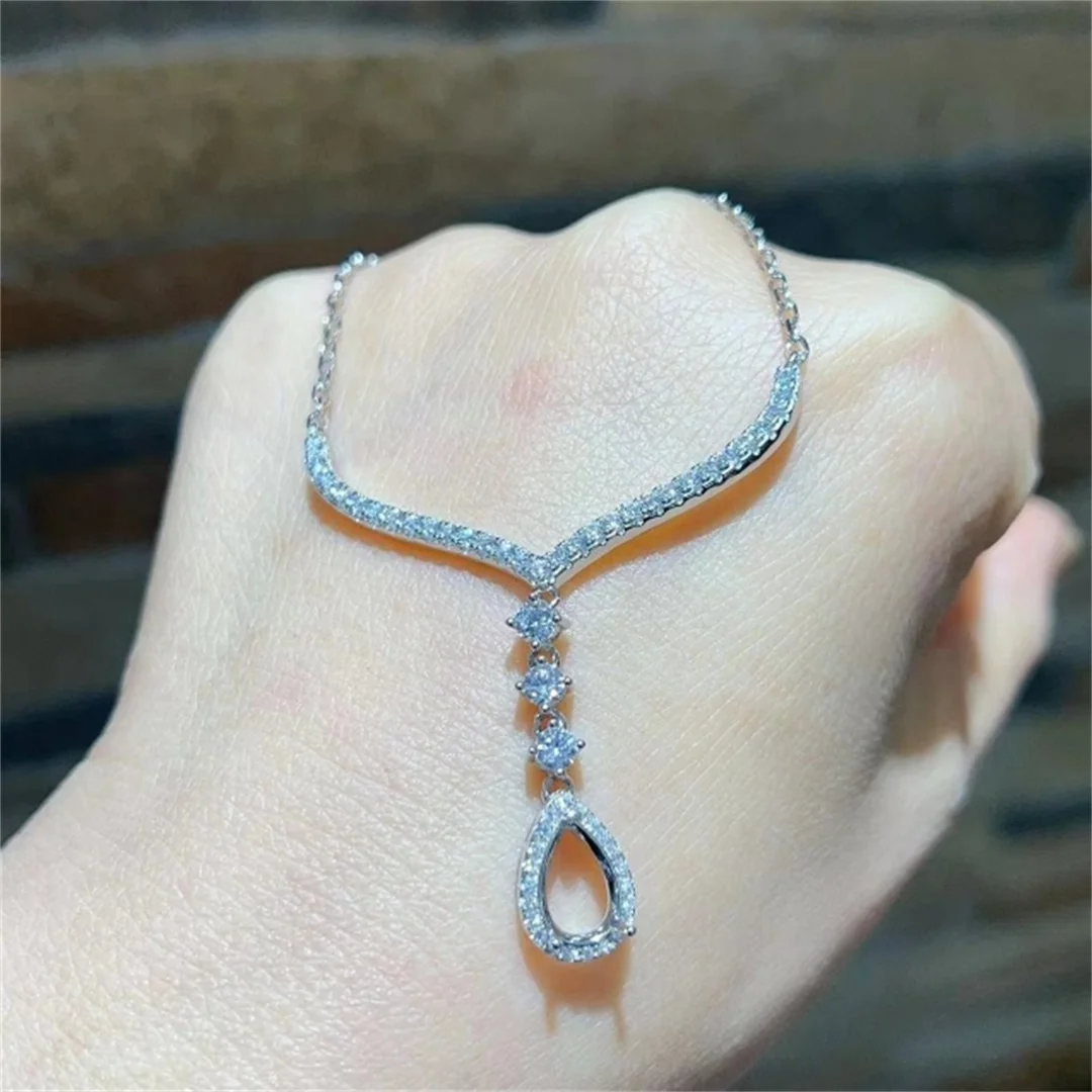 

S925 Sterling Silver Inlay 6*9mm Water Droplet Gem Pendant Necklace for Women Empty Support DIY Holder Fine Jewelry Accessory