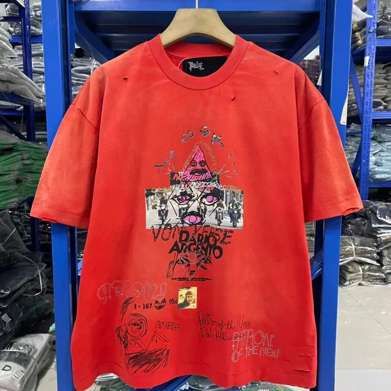 

Paly Vintage Washed Red Cotton T-Shirt Men Women Distressed Rhinestone Graffiti Print Oversized Streetwear Short Sleeve Top