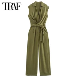 TRAF 2014 Linen Blended Jumpsuit Fashion Women Lapel Collar Sleeveless Jumpsuit Summer With Belt New In Jumpsuits Casual Overall