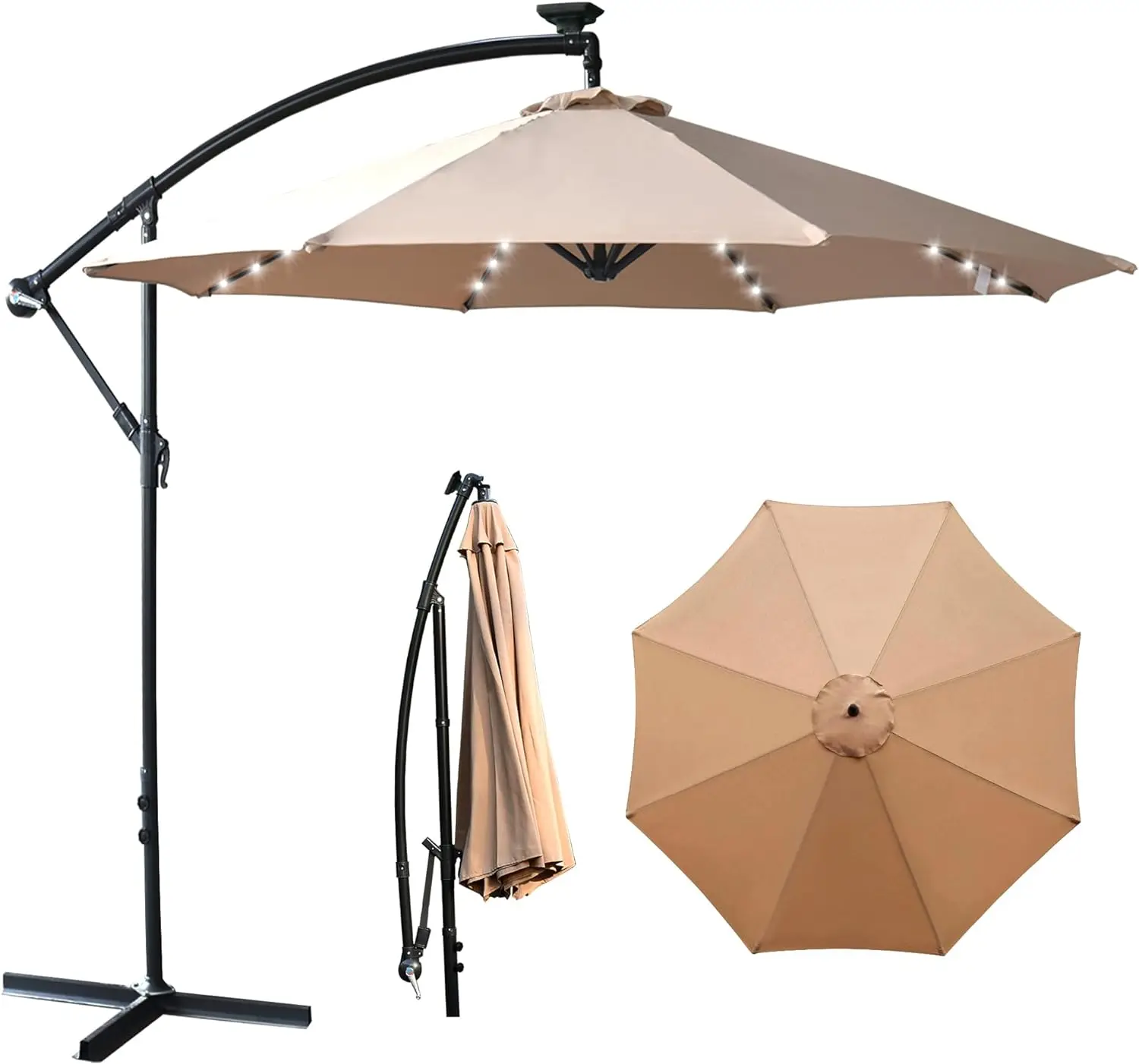 360° Rotation-8 Sturdy Steel Ribs Patio Market Hanging Umbrellas with 24 LED Lights, Tilting and Cross Base