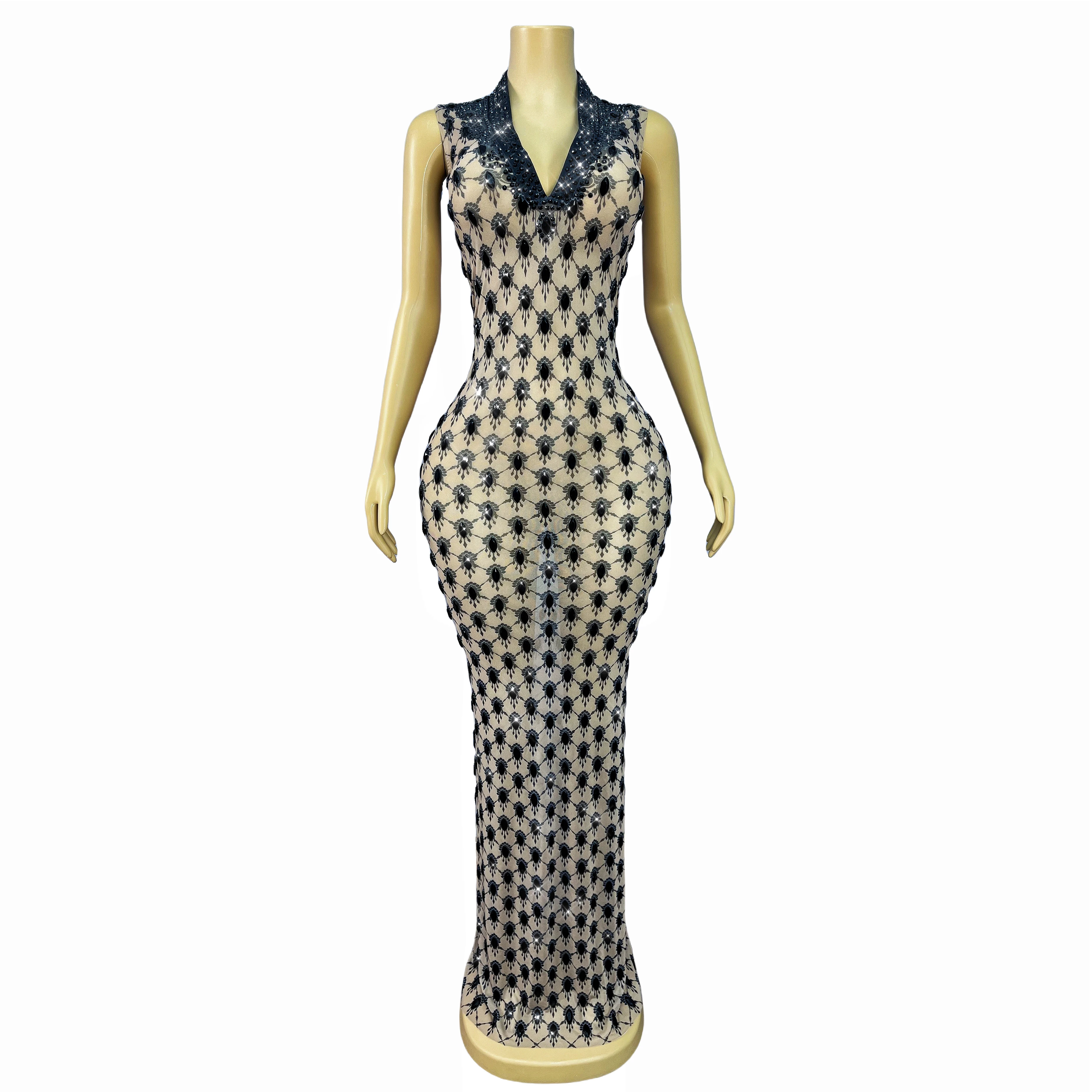 高級デザインの輝く黒のラインストーンヌードメッシュトリムフィットドレス女性イブニングレッドカーペットガウンパフォーマンス衣装Duotianshi