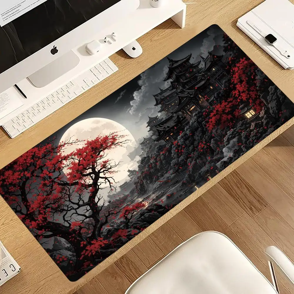 Moon Night Pavilion Red Maple Tree Mouse Pad Carpet Playmat Office Decor Desk Mat Big Mousepepad Rug Gamer Setup Decoration