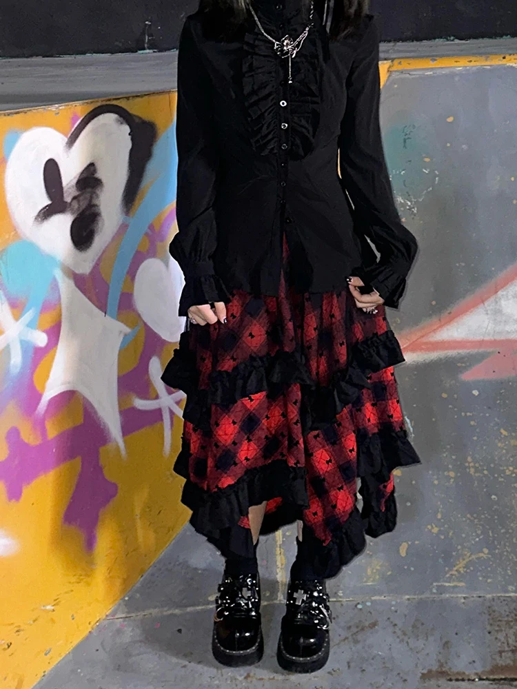 PBAP غير النظامية كشكش المرأة منقوشة تنورة خمر مرونة الخصر توافدوا القوس مكشكش الدانتيل غرزة تنورة طويلة الشرير Alt القوطية وتتسابق #6