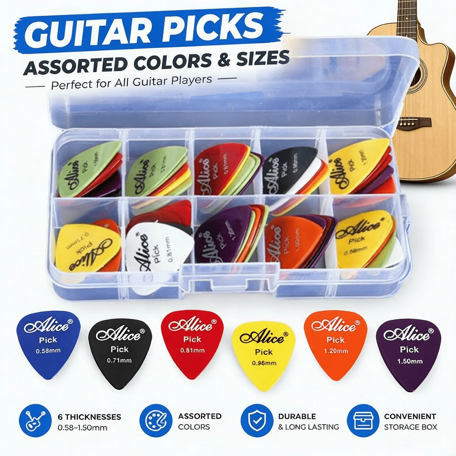 28 Pcs Guitar Picks with Divided Storage Box Random Colors Thicknesses 0.58-1.20mm Plastic Plectrums Triangular for Acoustic TMZ