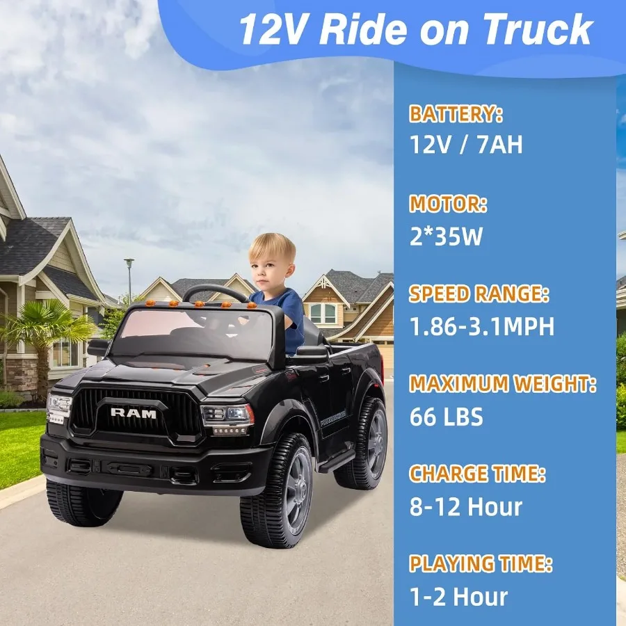 12V 電動乗用玩具（4～8歳向け）ライセンス取得済み Ram 2500 電動カー、リモコン付き、LEDライト/音楽/MP3、後部収納とカップホルダー付き