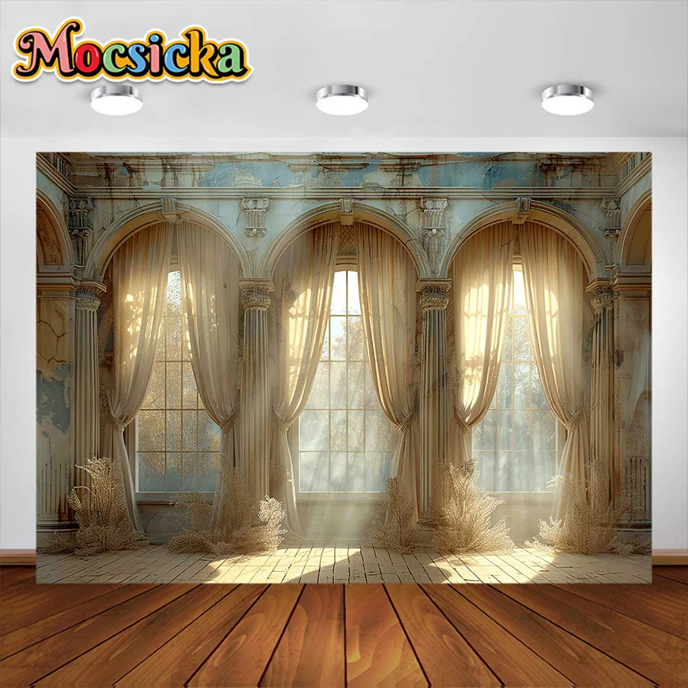 Tirai Retro fotografi latar belakang jendela dalam ruangan dewasa ulang tahun pernikahan bersalin potret dekorasi latar belakang Studio foto