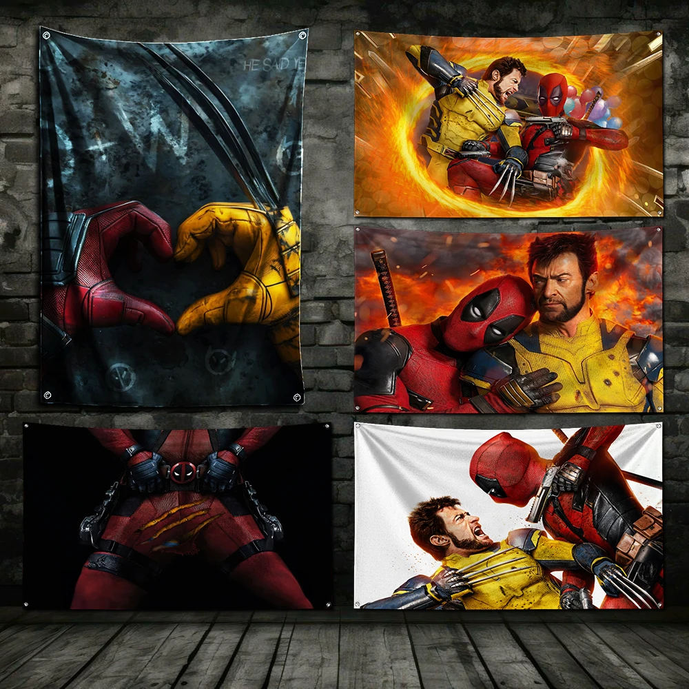 3x5 Ft Deadpool & Wolverine Movie Flag Polyester Digital Printing Banner for Garage Wall Out Door Decoration With Brass Grommets