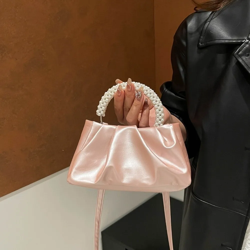 

Fashion Solid Color Cloud Bag Square Portable Pearl Handbag Imitation Pearl Wrinkled Women Shoulder Bag Travel