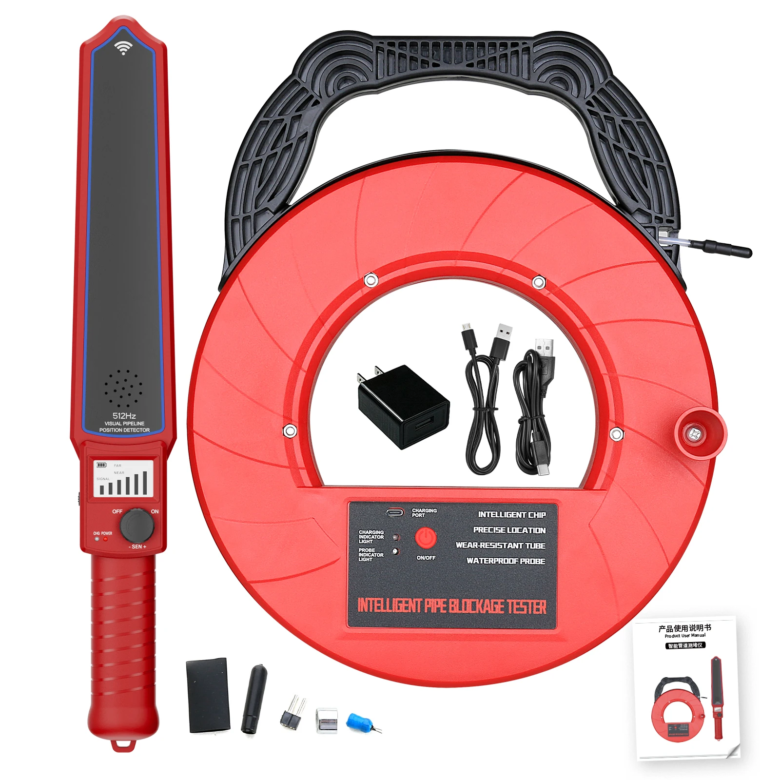 

2M Pipe Blockage Detector 512Hz Locator PVC Iron Pipe Scanner Plumbers Tool Waterproof Probes Buzzer Alarm ABS Housing 30M Cable