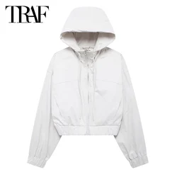 TRAF Women's Outerwear Jacket 2024 Spring Autumn Long Sleeve Cropped Bomber Varsity Jacket Coat Ladies Fashion Casual White Coat