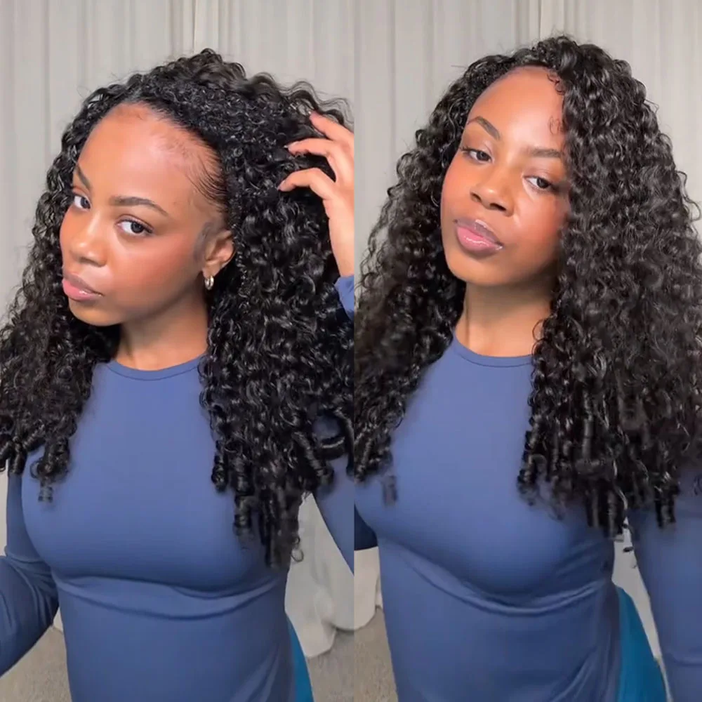 Pelucas rizadas birmanas vietnamitas, peluca de cabello humano 100% sin pegamento, lista para usar, media peluca 3 en 1 con cordón abatible