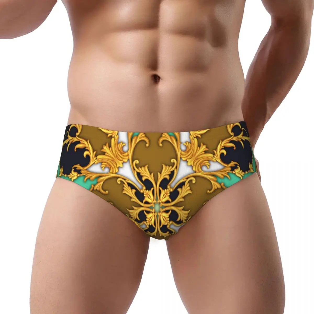 Celana segitiga pria, celana dalam pria Barok emas, celana dalam seksi bernapas keringat nyaman