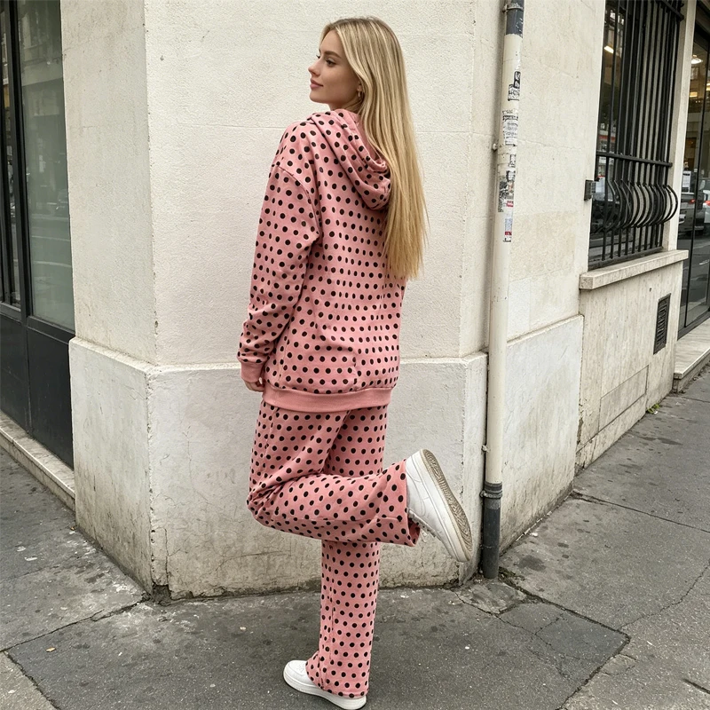 Women's Y2K Pink Polka Dot Print Hoodie Pants Set Cute Casual 2 Piece Outfit Ladies Graphic Polka Dot Zip Up Hoodie Wide Leg