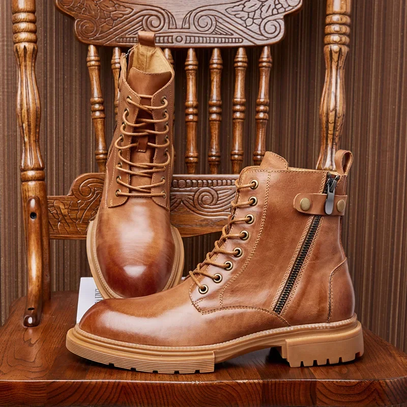 

Vintage Male Outdoor Winter Plush Western Riding Boots Fashion Men's High Top Shoes Combat Motorcycle Cow Genuine Leather Boots