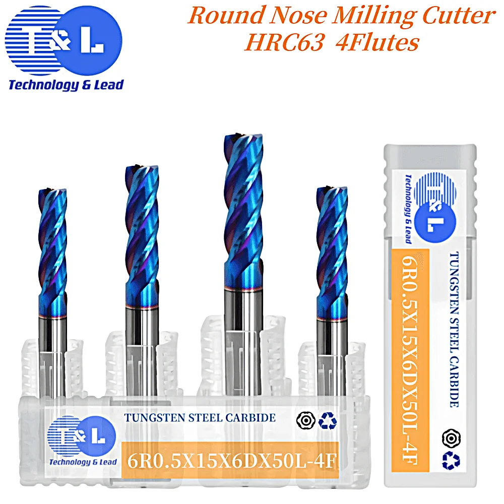 T&L HRC63 Blue Nano Coating Tungsten Steel 4-Flute Round Nose Milling Cutter CNC Machining Center Special Endmills Tools