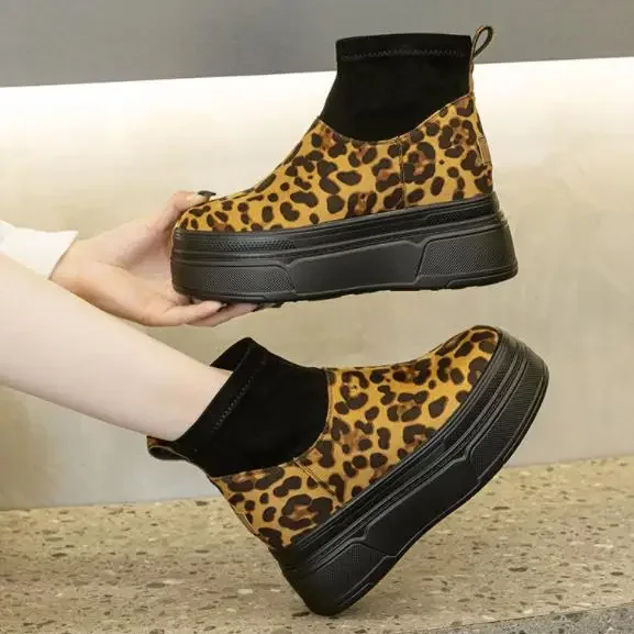 8.5CM  Microfiber Spring Knittes Cloth Streth Fabric Boot Booties Leather Ankle Knee High Autumn Women Platform Wedge Shoes 2025