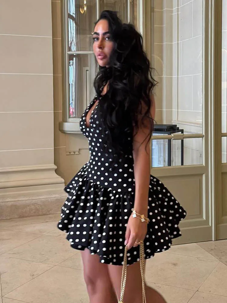 HH Mulher Verão Chique Zíper Lateral Slim Assimétrico Plissado Vestido Mulheres Polka Dot Print Sexy Sem Mangas Backless Mini Vestido