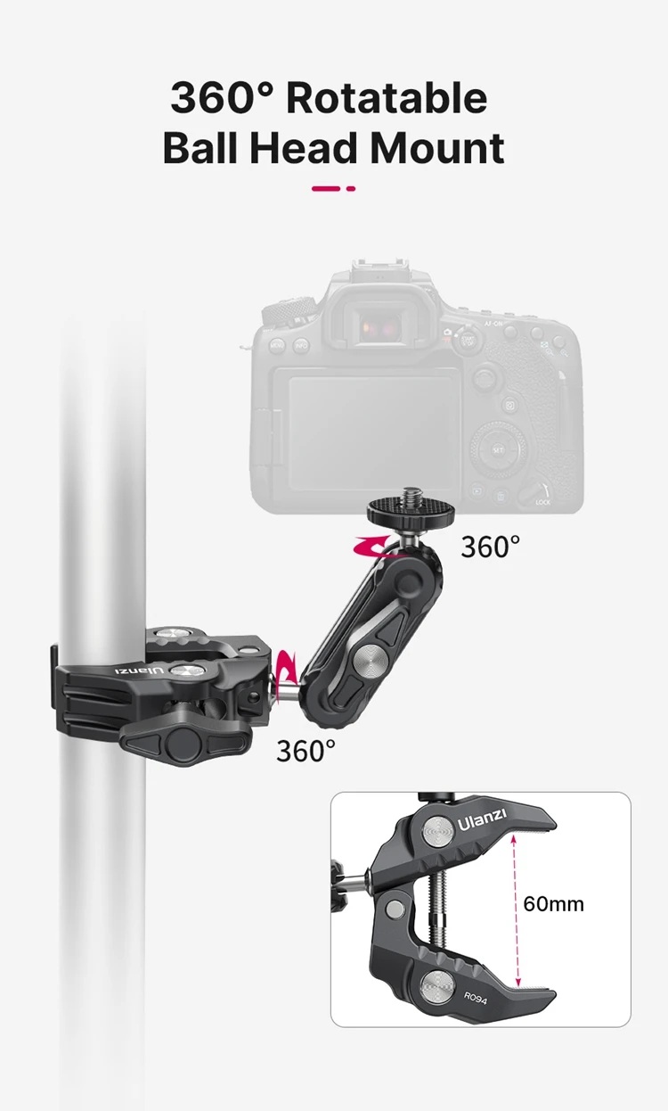 Supporto A Morsetto Magic Arm Per Fotocamera E Monitor – Testa A Doppia Sfera 360° Con Filetti 1/4'' E 3/8'' - 3