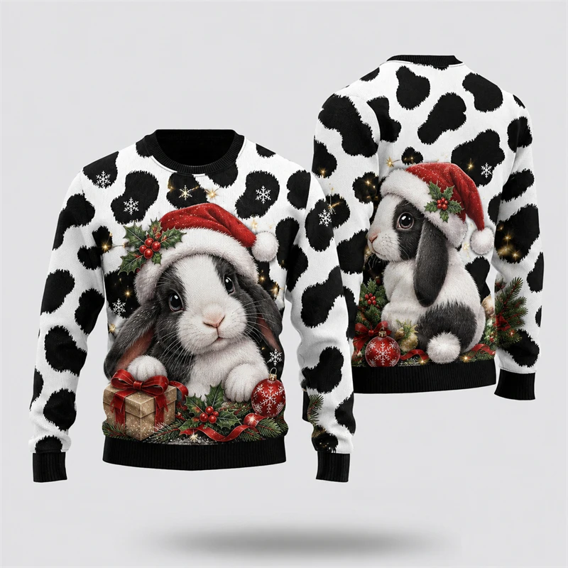 Farm Animals Unisex Ugly Christmas Sweatshirt Cow Print 3D Graphic Ugly Sweater Trendy Casual Holiday Party Pullover Xmas Gift