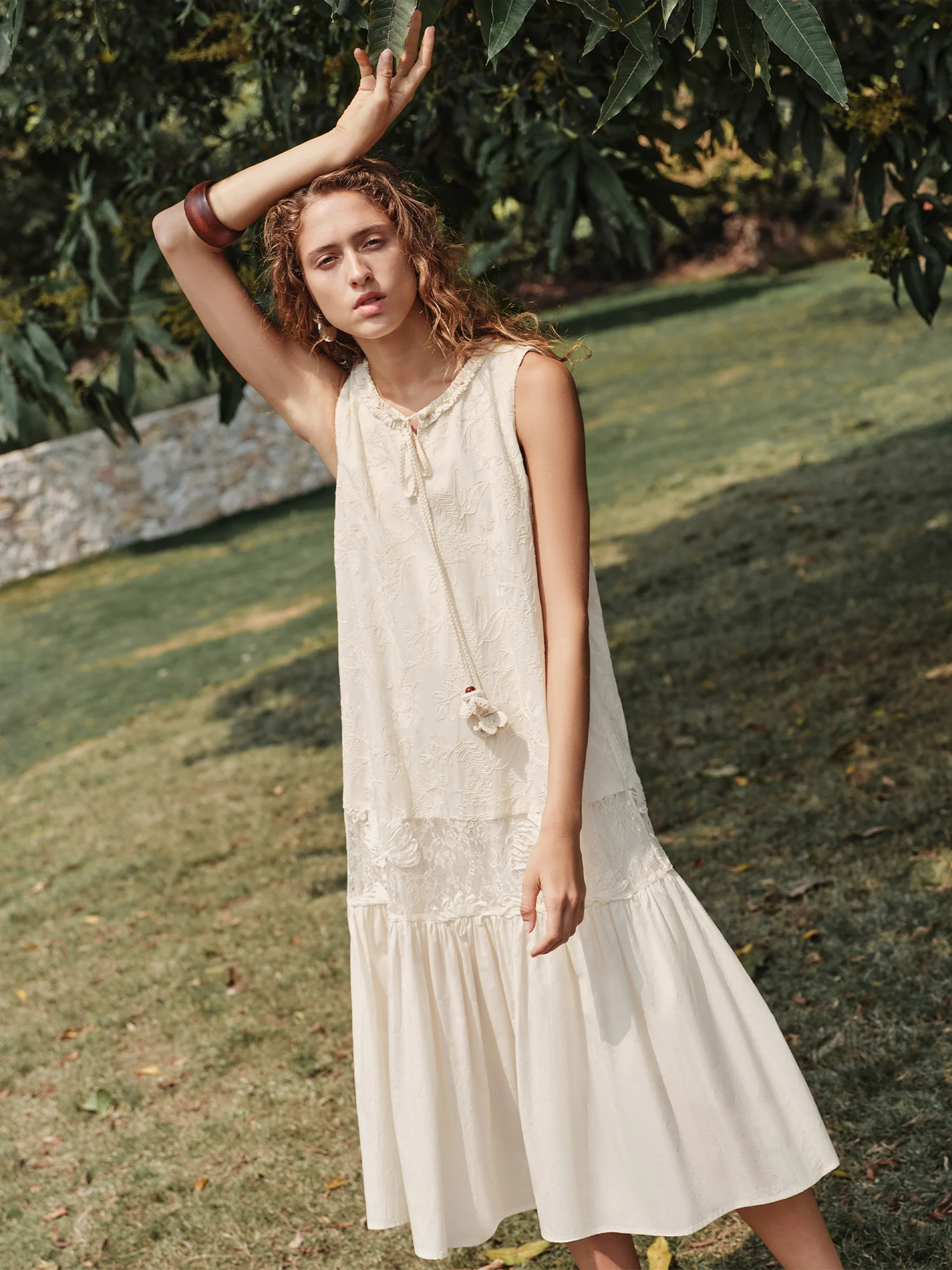 Patchwork Embroidered Sleeveless Cotton Midi Dress for Women