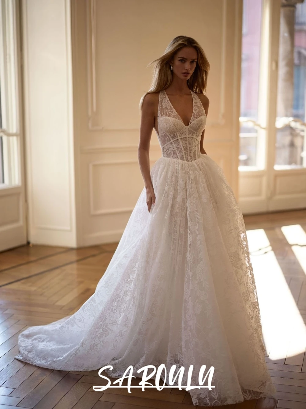 

Floral Embroidery Chic A Line Wedding Dress Buttons Back Romantic Corset Customized 2026 Long Graceful Halter Bridal Gown