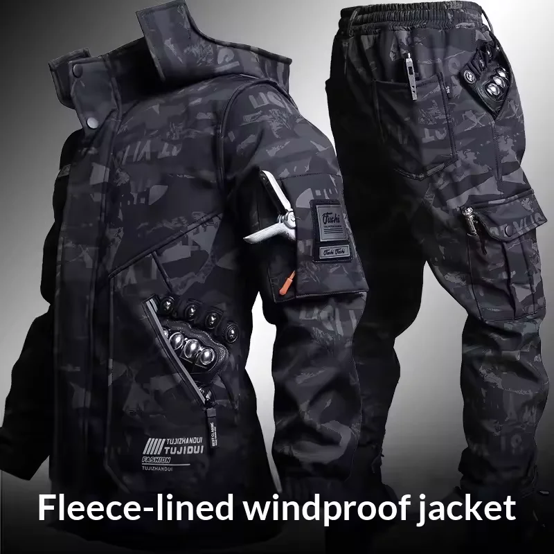 Hiking Jacket Uniform Wool Work Suit Winter Men's Waterproof Jacket Trousers Work Protective Clothing Warm Camouflage Outdoor view 5